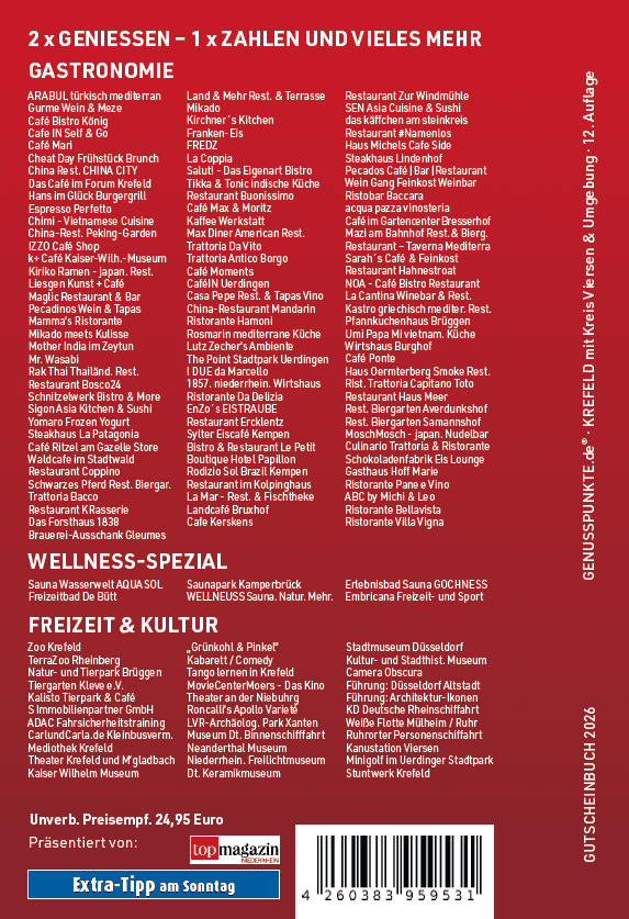 Sparangebot 2 x Gutscheinbuch GenussPUNKTE Krefeld mit Kreis Viersen - Ausgabe 2026 Sparangebot 2 x Gutscheinbuch GenussPUNKTE Krefeld mit Kreis Viersen - Ausgabe 2026